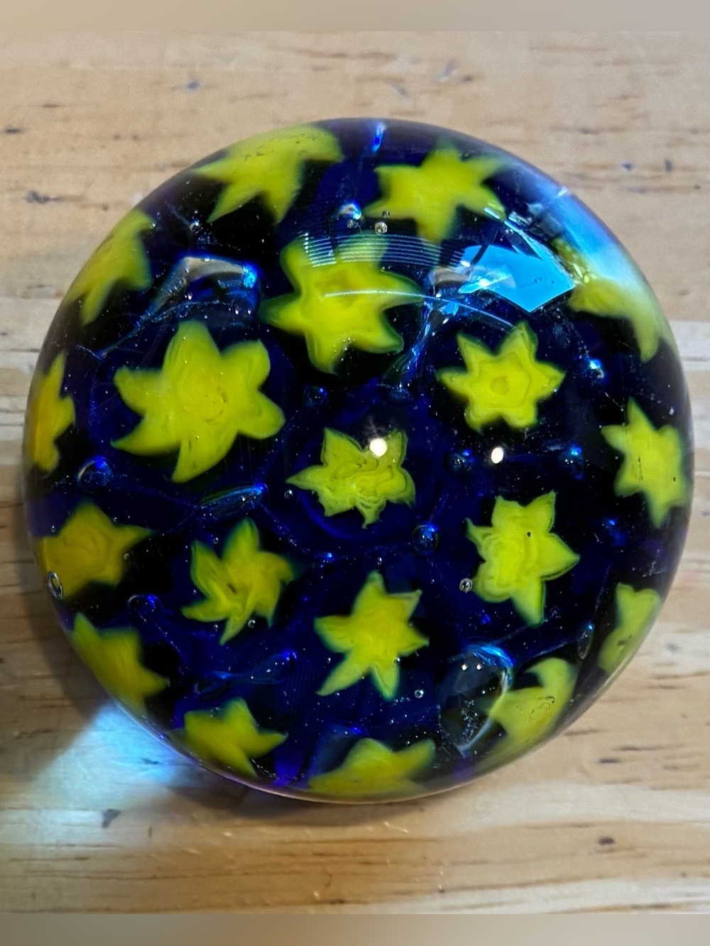 Handblown Glass Star Paperweight in Yellow and Blue